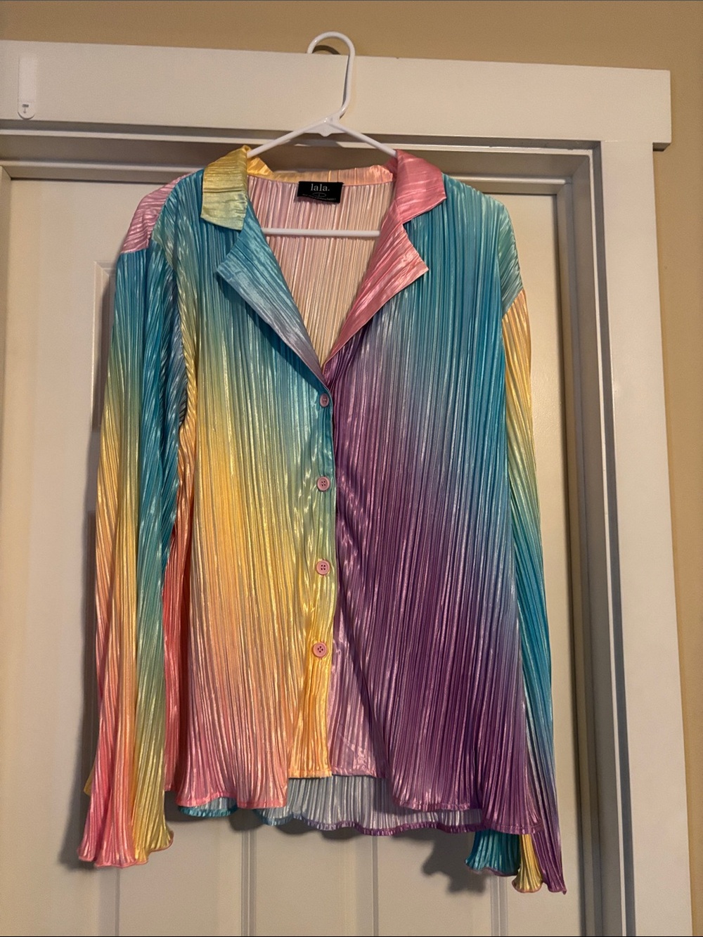 Dressed in LaLa Pleated Rainbow Satin Button-Up Top & matching pants- Multicolor